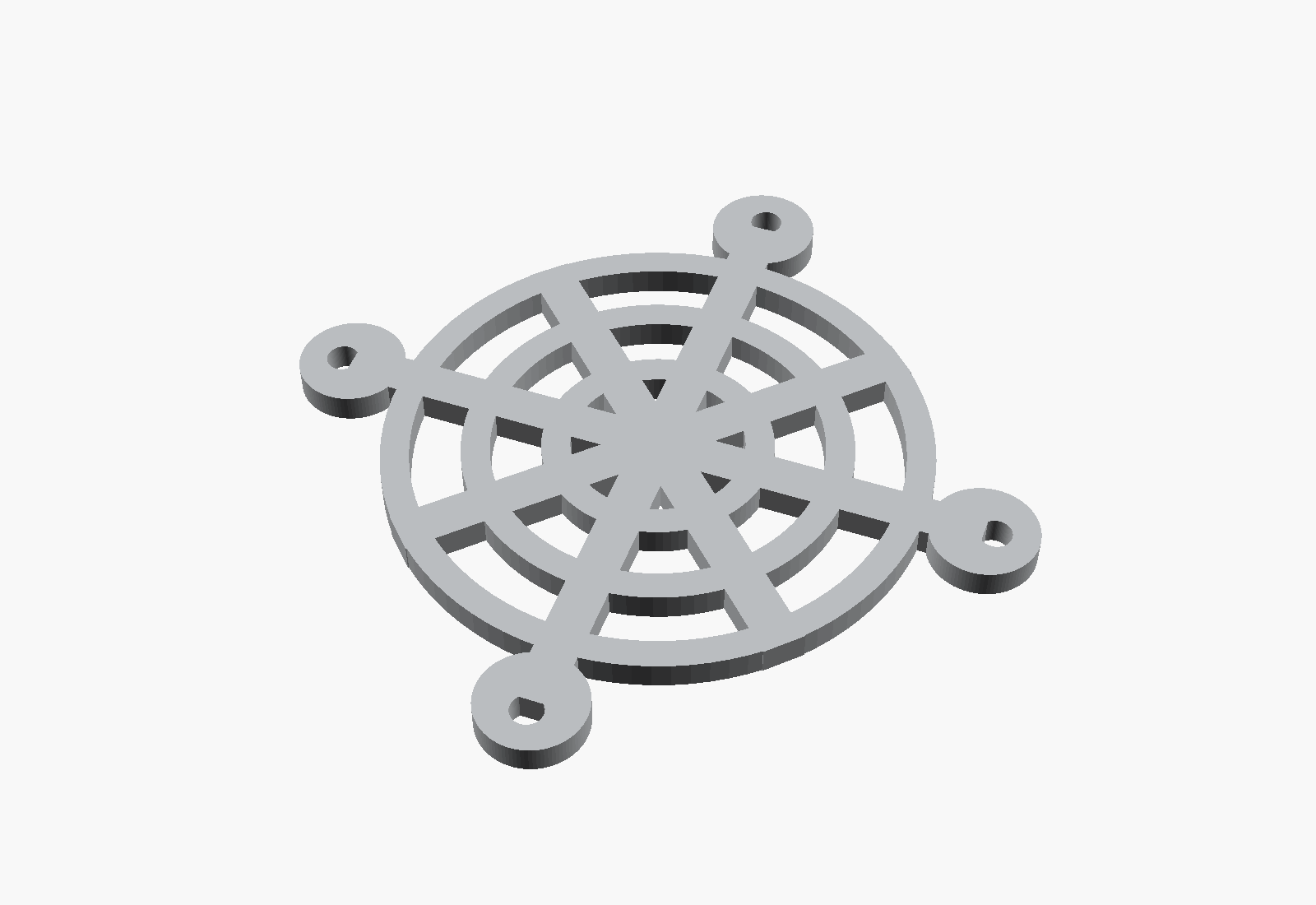 CAD render of a 3D printed 80 mm fan guard with mounting tabs
