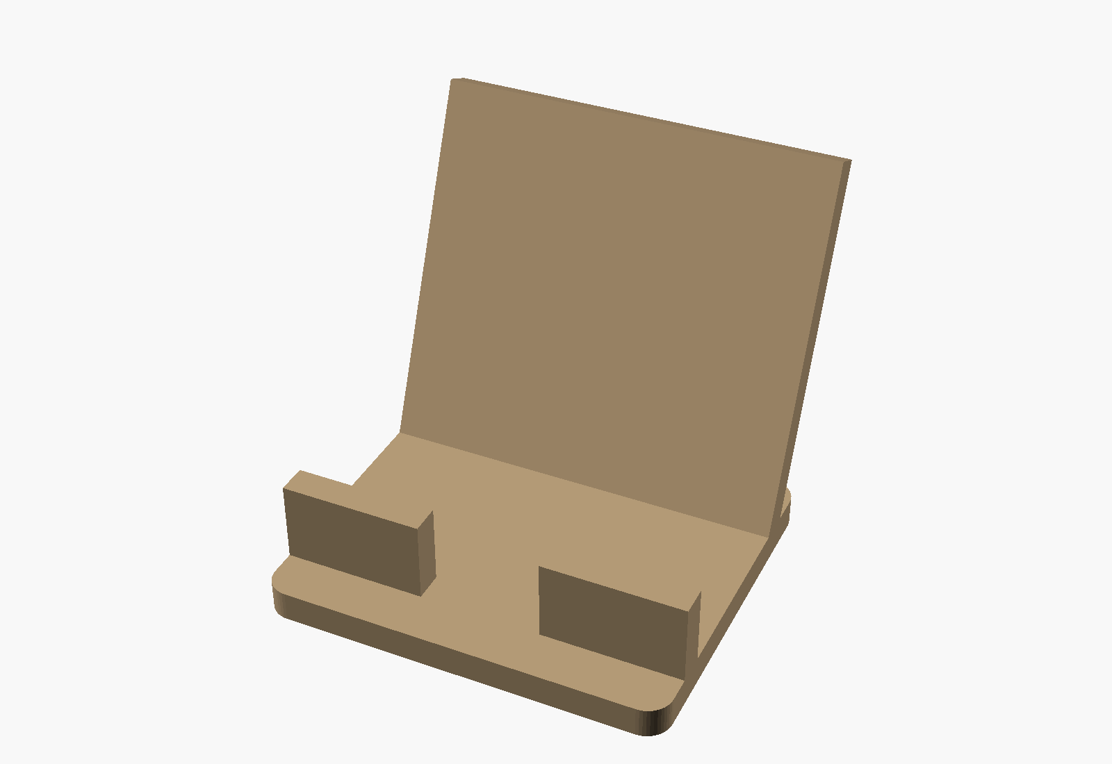 CAD render of a 3D printed tablet and phone stand with cable slot